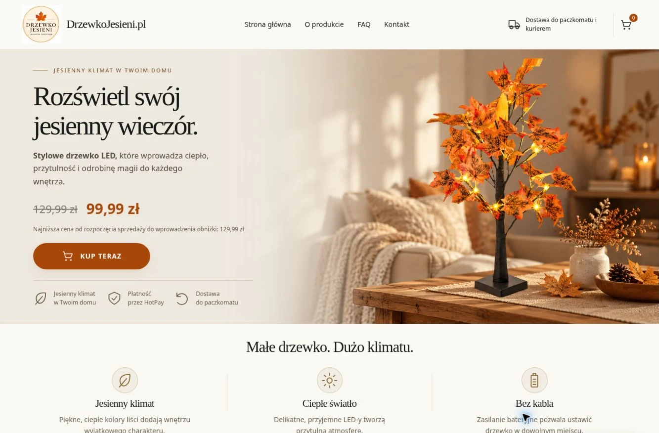 Strona główna DrzewkoJesieni.pl: jesienne drzewko LED, ciepła kolorystyka i przycisk Kup teraz